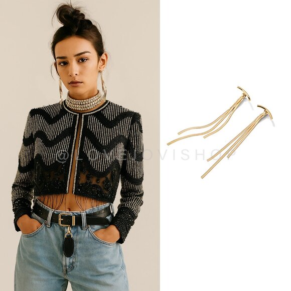 Baubles | Clutch Gold Crescent Spike Tassel Earrings | Edgy Boho Statement - Picture 1 of 2